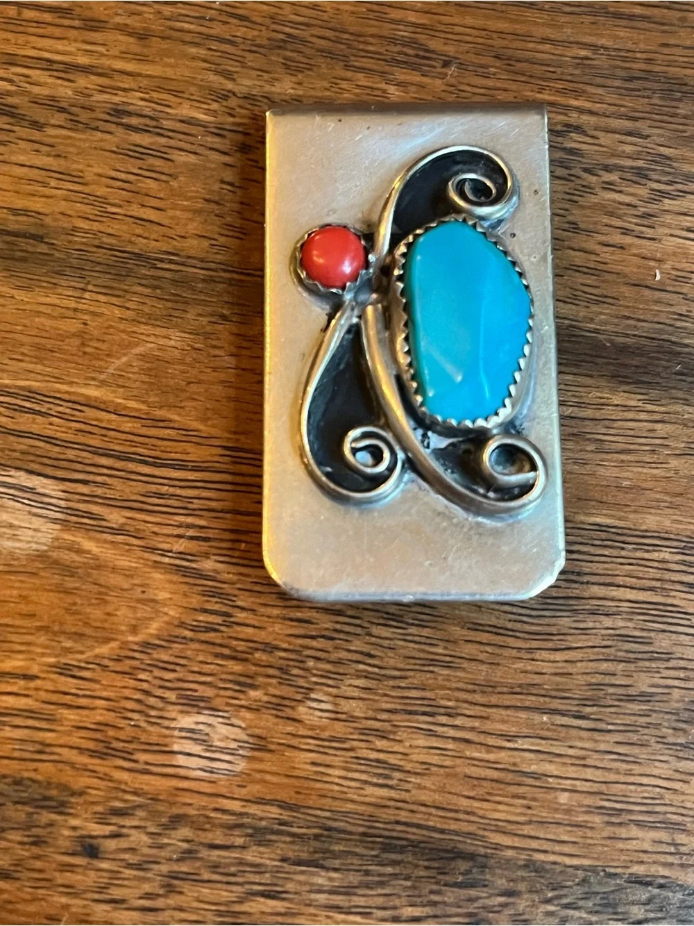 Vintage Sterling Silver Money Clip with Turquoise and Coral Stones